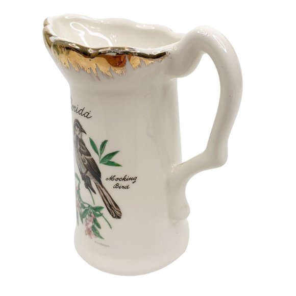 Vintage Florida Souvenir Creamer Mocking Bird Orange Blossom Flowers White Gold - Picture 9 of 12